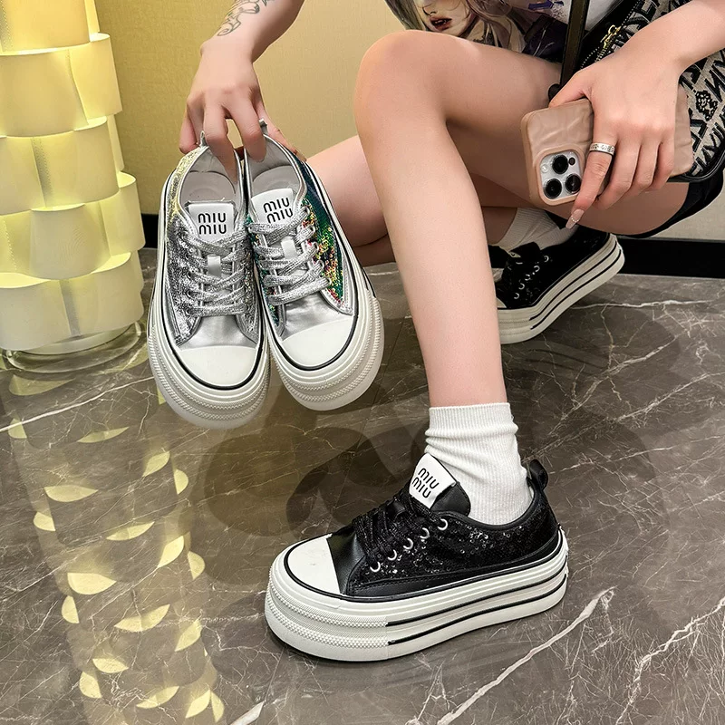 Cloth nail sequins platform, footwear, summer sneakers, high white shoes, for teenagers