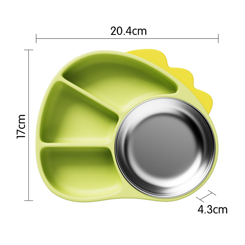 Placa de comedor de rejilla dividida de silicona para niños, tazón de adyuvante de dinosaurio de dibujos animados de grado alimenticio para entrenar al bebé para comer y separar la vajilla