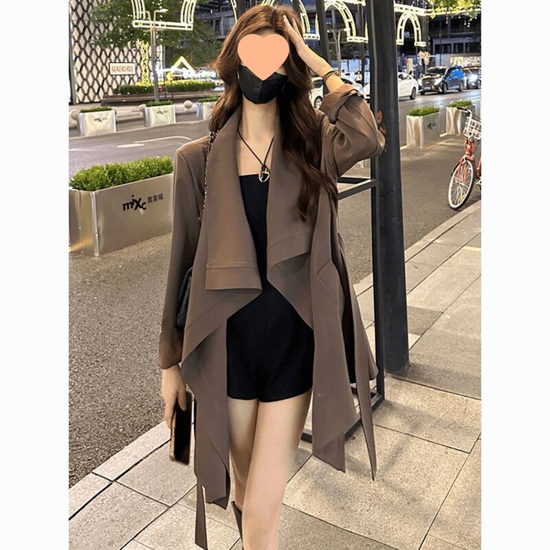 感时尚外套女2025春秋纯色大翻领设计系带收腰显瘦风衣英伦风|undefined