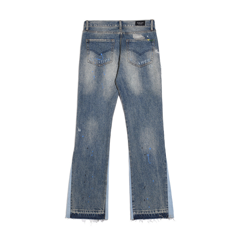 Vêtements pour hommes délavés, vieux, endommagés, trous, moustaches de chat, broderie, imprimé, éclaboussures d'encre, micro, évasé, jambe large, jeans_voghion.com