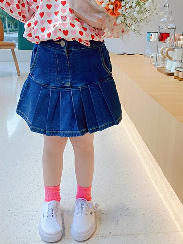 Flat Tou Ge Children's Clothing Girls' Stretch Denim Pleated Skirts  Spring New Style Baby Blue Skirt