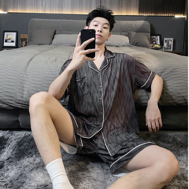 Ice Silk Men's Three-Piece Pajamas Summer Thin Plus Size 40-150kg Short-Sleeved Long Pants Loungewear Set