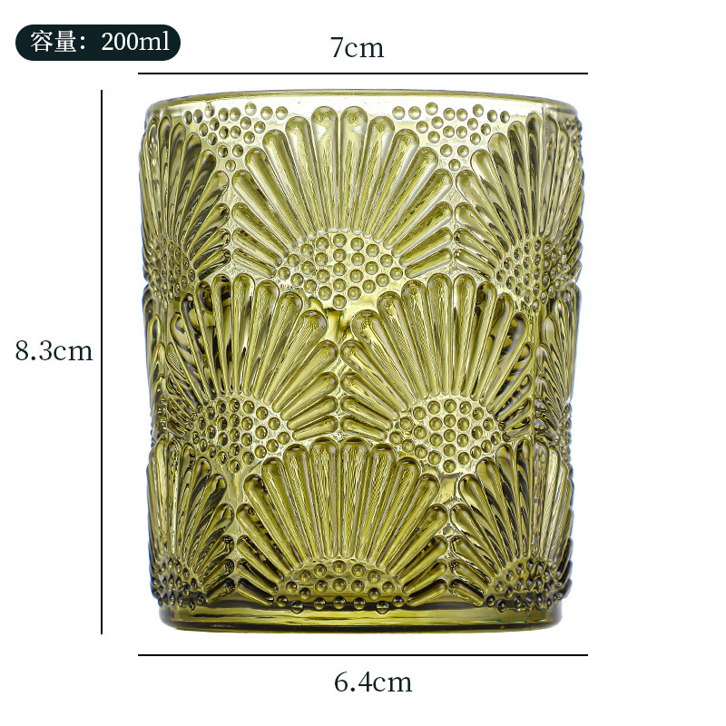 Vaso de vidrio de colores en stock, vaso de vidrio con relieve para velas, vaso de vidrio con rayas ámbar, vaso de vidrio con patrones verdes en stock