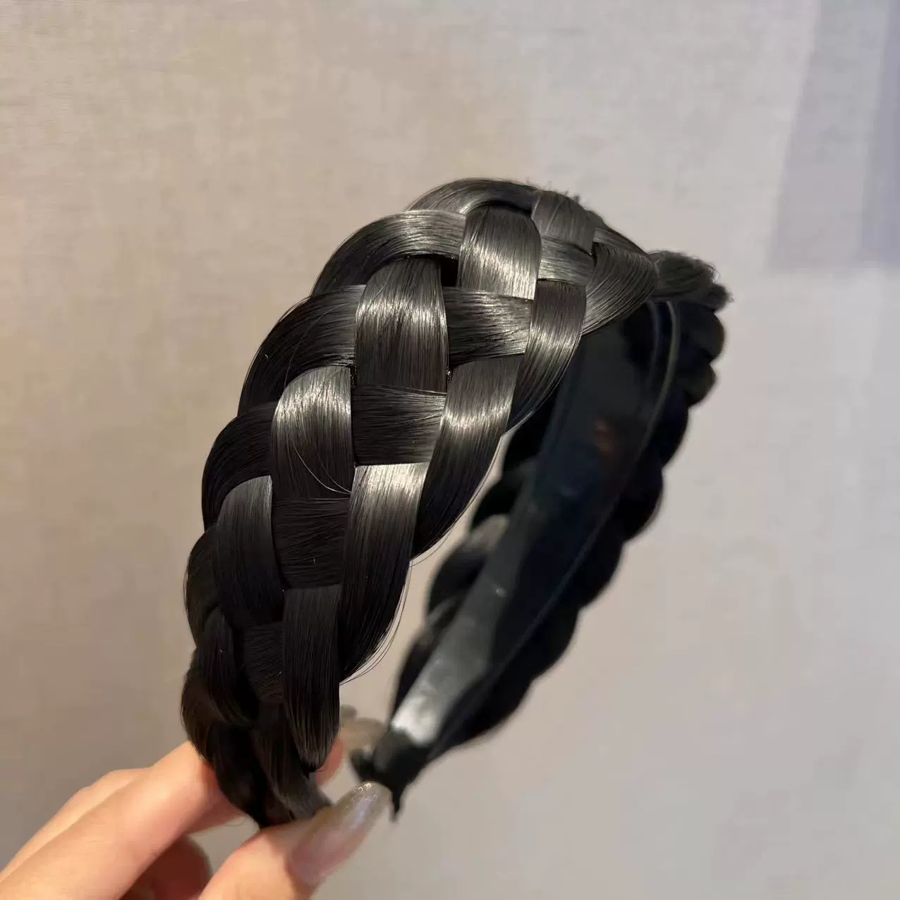 handmade wig headband with pigtail, scalloped hair accessory, matte silk, Ø≈15 cm