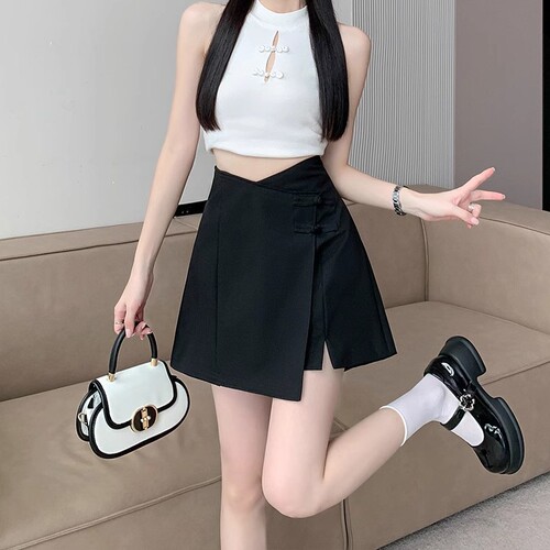 Large size fat M black suit skirt women summer high-waist a-line pants skirt anti-exposure pear shaped figure shorts