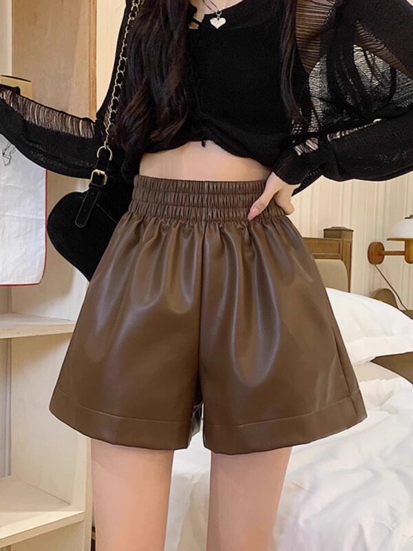 2023 autumn and winter new pu leather shorts women's high waist slim A- shaped wide leg pants brown small outer wear boot pants