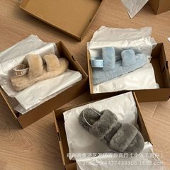 跨境桑坡厚底羊皮毛一体二字家居羊毛拖鞋外穿保暖增高毛毛拖亚马