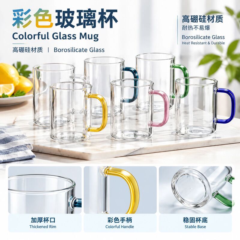 Glass cup set with heat-resistant glass handle for home use in the living room, suitable for drinking water, milk, and tea, thickened Glass cup set with heat-resistant glass handle for home use in the living room, suitable for drinking water, milk, and tea, thickened