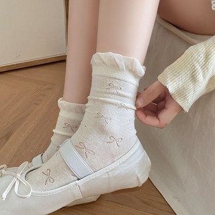 Spring and summer socks women's thin hollow tube socks bow ballet style women's socks Japanese style bubble mouth lace pile socks