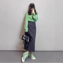 2025超火春装一整套ootd穿搭减龄独特漂亮绿色衬衫半身裙两件套装