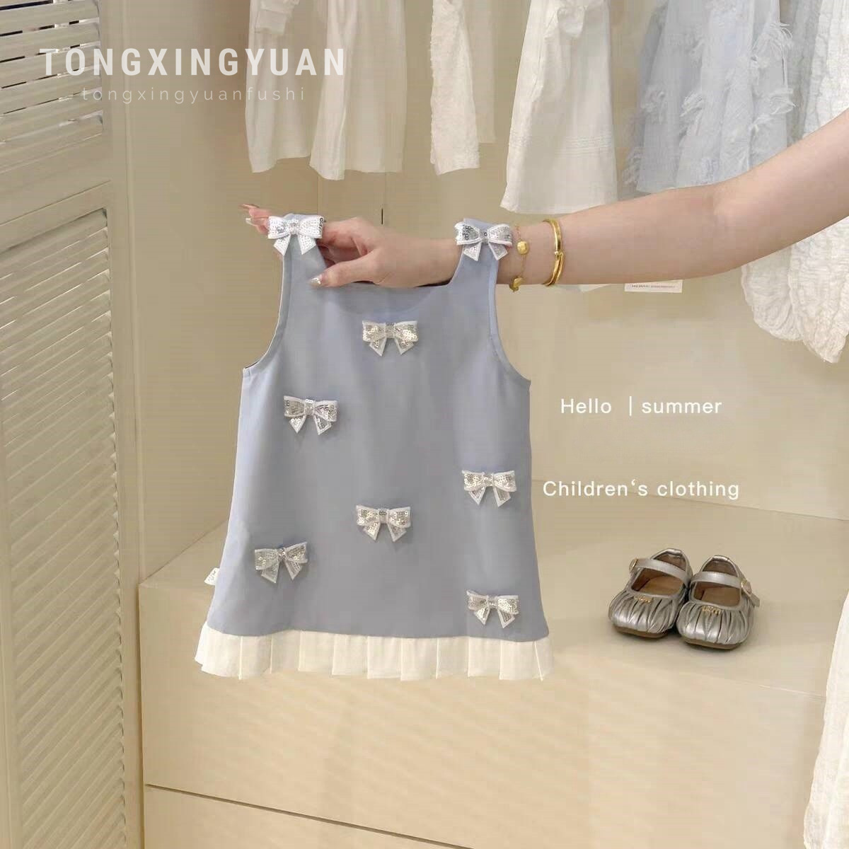 Tong Xingyuan Girls Dress 2025 Summer Korean Style Temperament Girl Bow Tank Top Dress Baby Girl Princess Dress