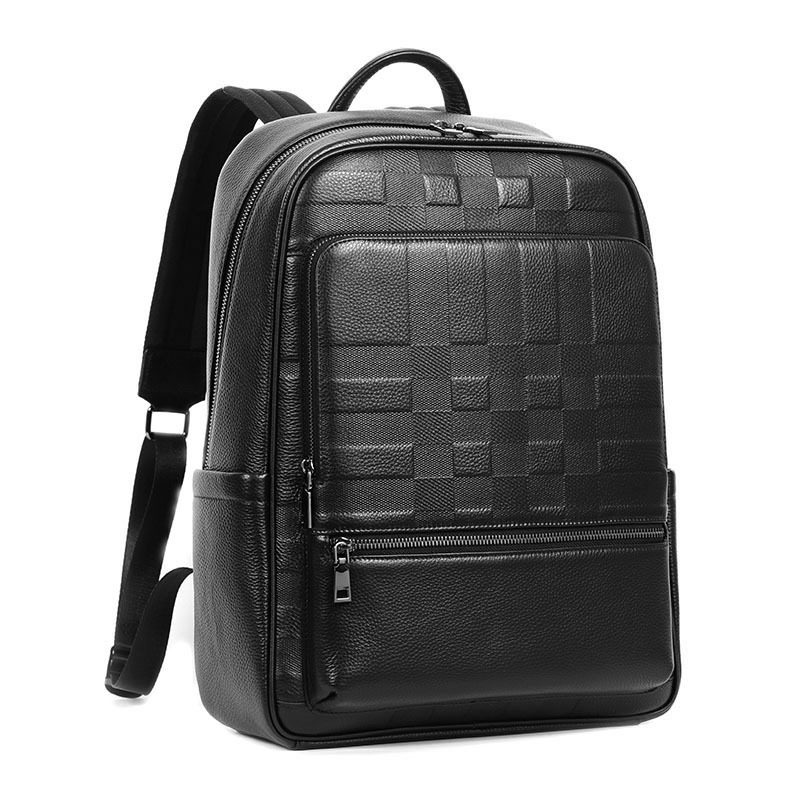 Ba lô nam da bò thật sức chứa lớn, ngăn laptop 16 inch, kiểu dáng sọc, dùng đi làm và du lịch — Màu đen