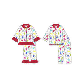 亚马逊外贸专供男孩女孩翻领睡衣儿童圣诞节彩灯印花套装