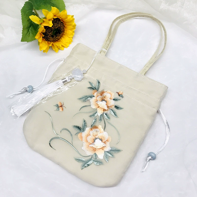Handheld Hanfu Drawstring Bag, Embroidered Tassels, 22×22 cm, Handmade Accessory