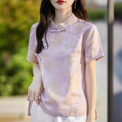 新中国風半袖シャツ女性ジャカード酢酸サテン高級レトロ盤ボタン斜襟袖なし上着tシャツ