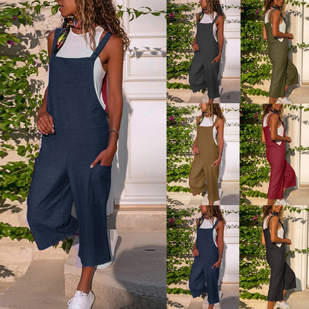 Amazon 2022 Spring and Summer New Color Cotton and Linen Casual Loose Long Wide Leg Jumpsuit Suspenders Overalls Women's Pants
