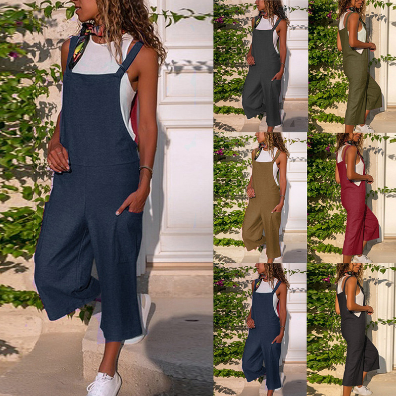 Amazon 2022 Spring and Summer New Color Cotton and Linen Casual Loose Long Wide Leg Jumpsuit Suspenders Overalls Women's Pants