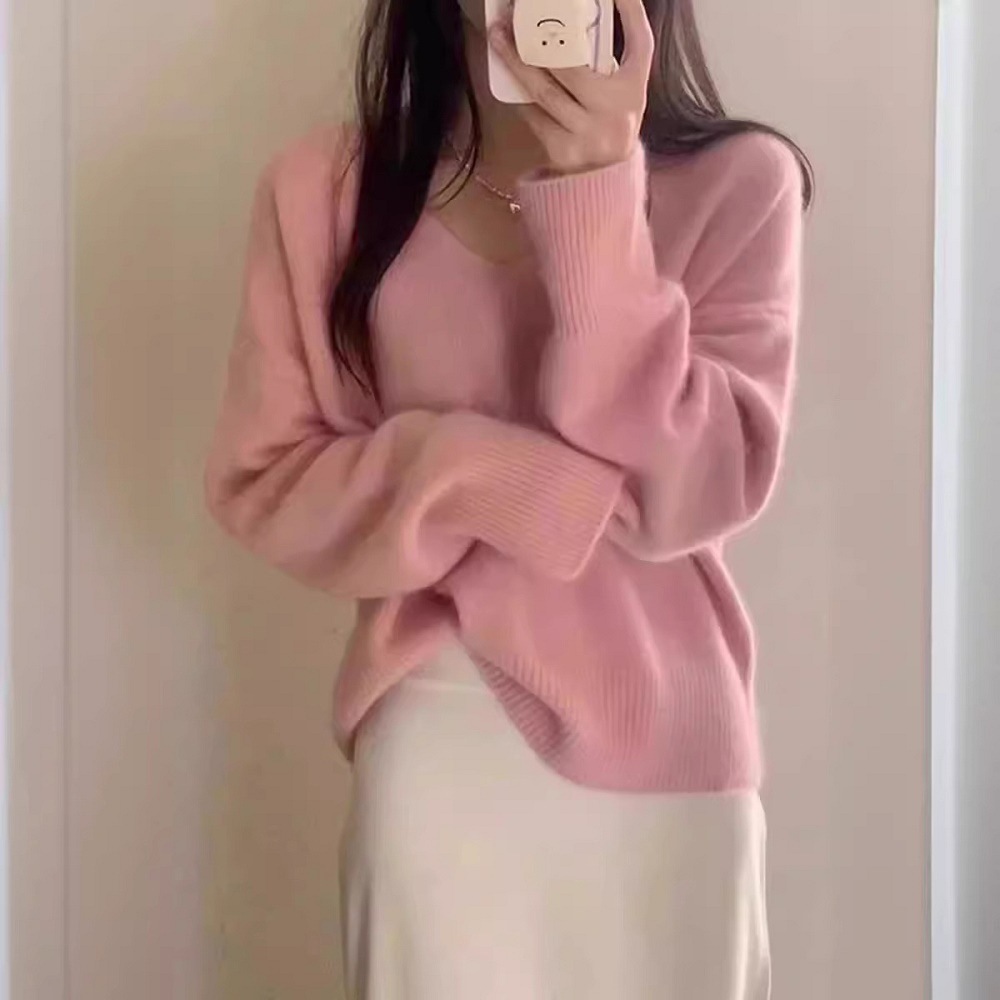 Sweater Women's Autumn and Winter Casual Outer Wear Solid Color Loose Soft Waxy Pullover Top Raccoon Velvet Blue V-neck Sweater