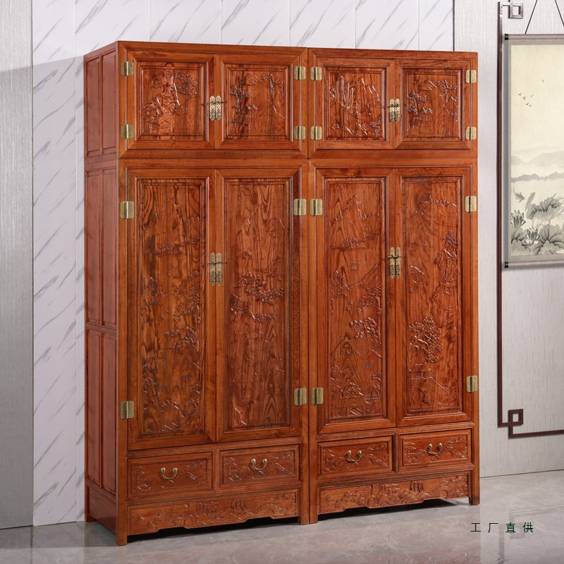 Chinese-Style Carved Bedroom Wardrobe, Solid Wood Top Chest Cabinet Combination Furniture, 4-Door Assembled Double-Layer Storage Cabinet, Antique-Style