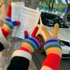 彩色條紋手套新款女冬季騎行滑雪保暖防風全包分指學生可觸屏開車