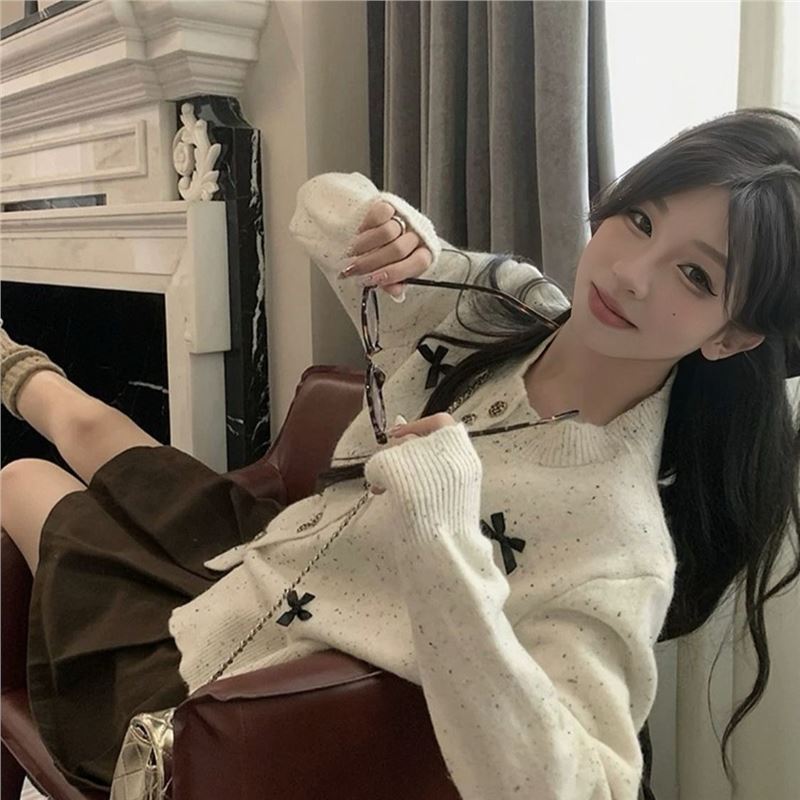 韩系小个子针织开衫外套女秋冬季2025新款蝴蝶结短款毛衣上衣套装