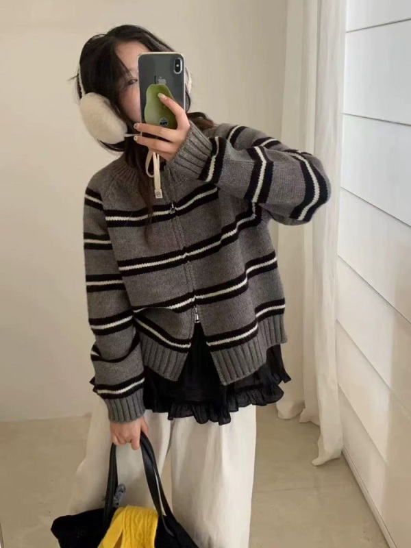 拼色条纹圆领毛衣外套女秋季新款韩系宽松慵懒双拉链针织开衫上衣|undefined