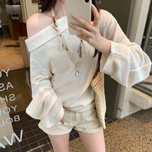 慵懒风一字肩斜肩长袖针织衫女装潮韩版2025早秋新款好物镂空上衣