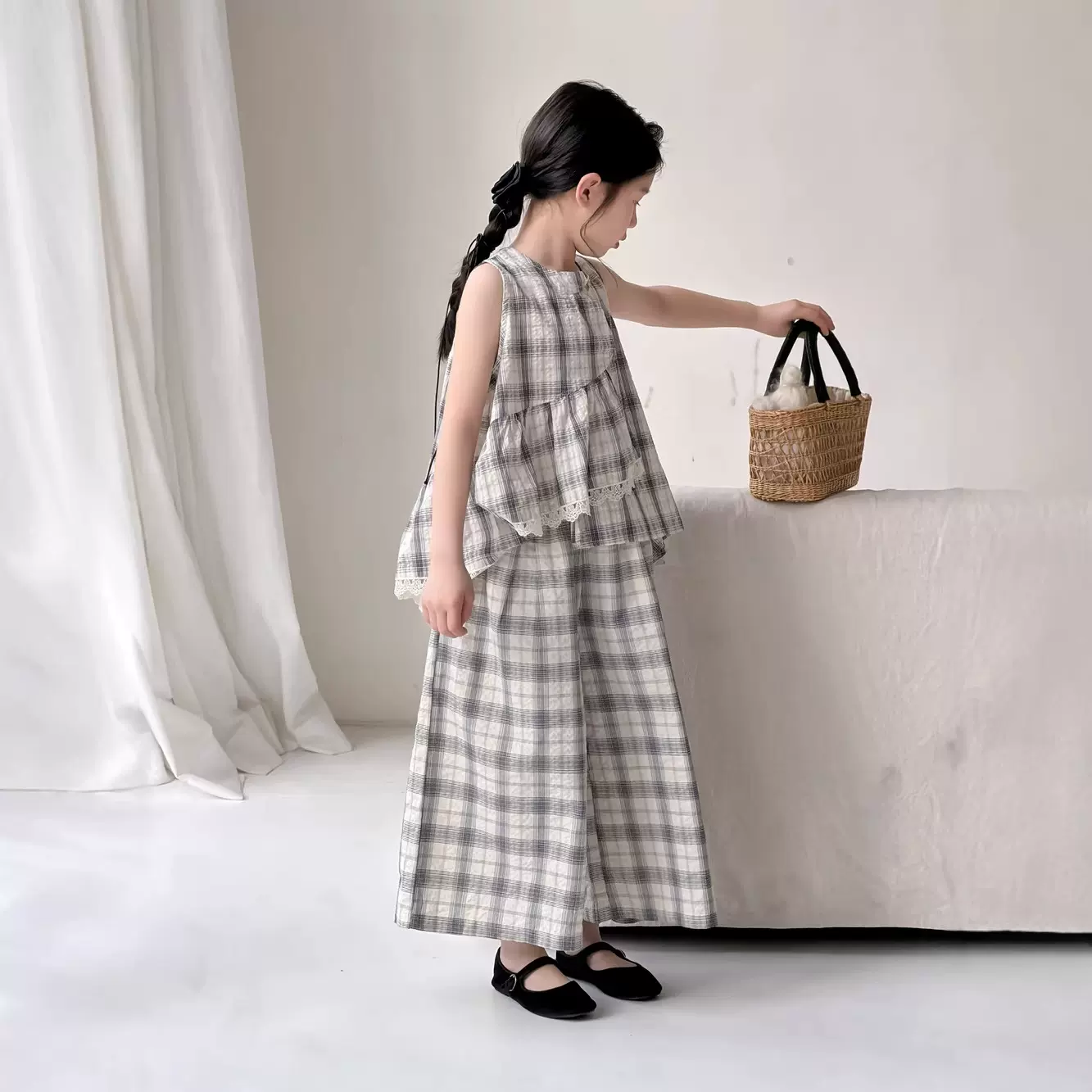 末小蒙童套装2026夏季女童韩版花边格子两件套儿童休闲阔腿裤套装