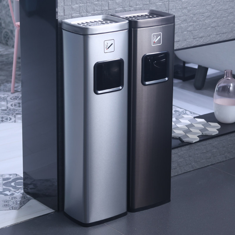 Hotel Lobby Stainless Steel Smoking Area Elevator Entrance Smoke Extinguishing Trash Bin with Ashtray Floor-Standing Column for Hotel