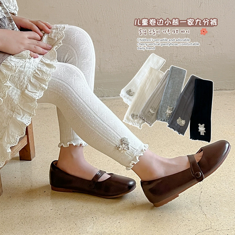 Осенние леггинсы, детские брюки для принцессы, высокая талия, с маленькими мишками.