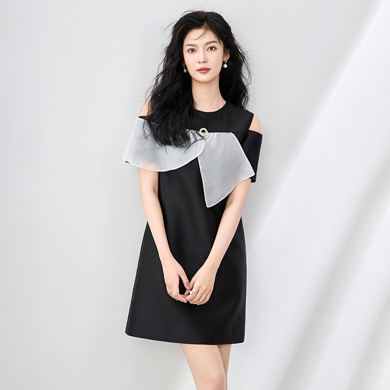 Váy liền nữ lụa phối satin organza tay ngắn thắt eo — Màu đen