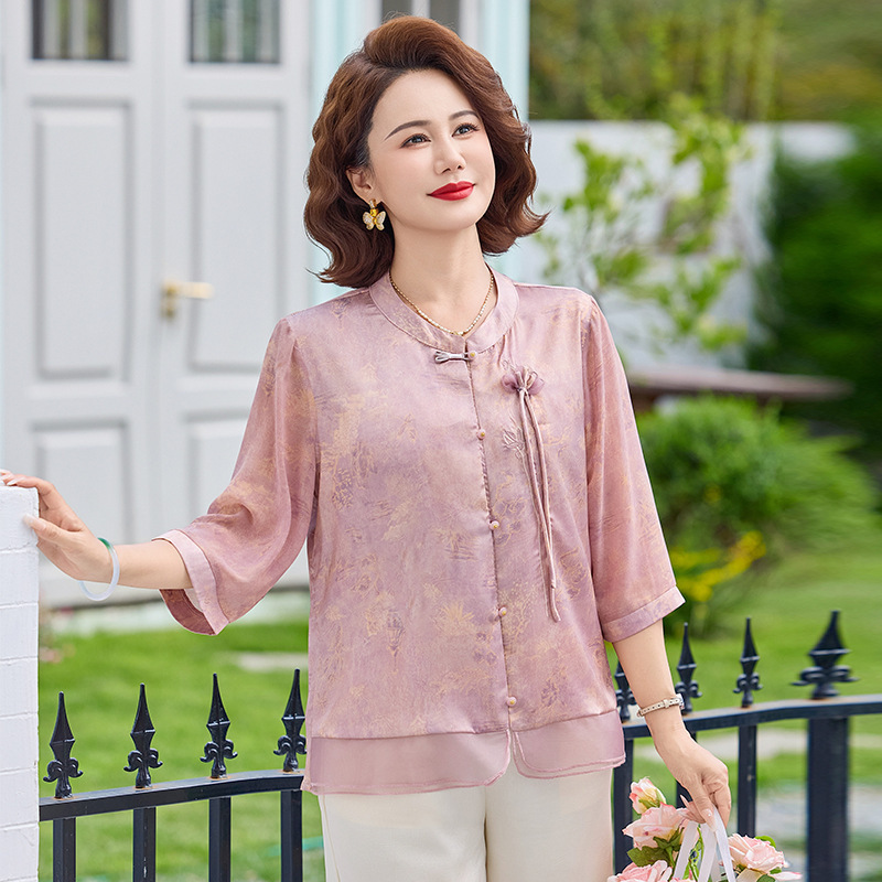 2026 New Style New Chinese-Style Summer Shirt for Mothers, Three-Quarter Sleeve Shirt for Middle-Aged and Elderly Women, Fashionable and Slimming National Style Blouse