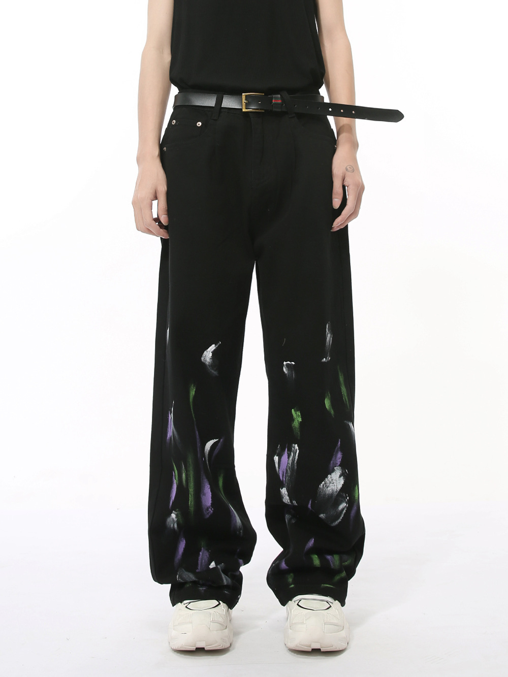 MTLCLOTHES Hombres| Nicho de otoño pintado graffiti color contraste sensación de diseño de algodón jeans de pierna ancha casuales