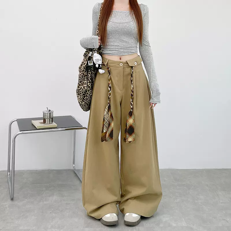 纯棉美式设计感腰带阔腿裤女秋季2025新款高腰直筒真门襟休闲长裤