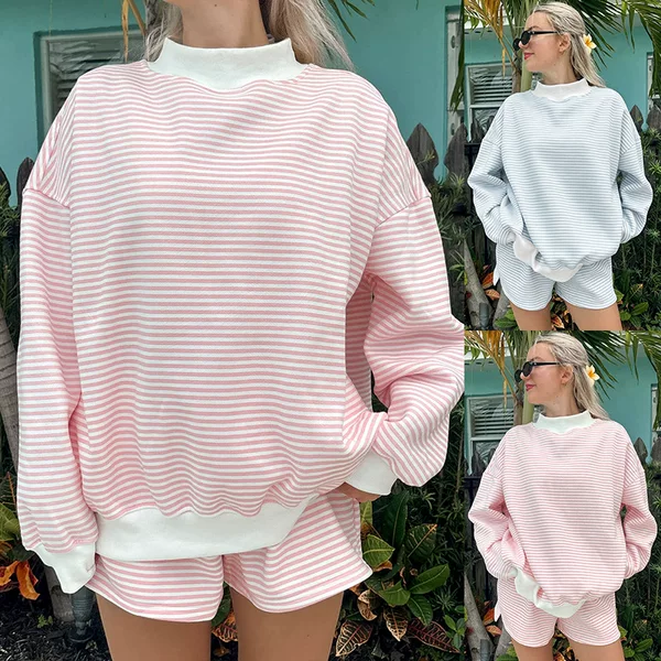 Cross-Border European and American Independent Site Women's Clothing 2026 Autumn Striped 2-Piece Set Loose High-Neck Sweatshirt and Shorts Loungewear Set