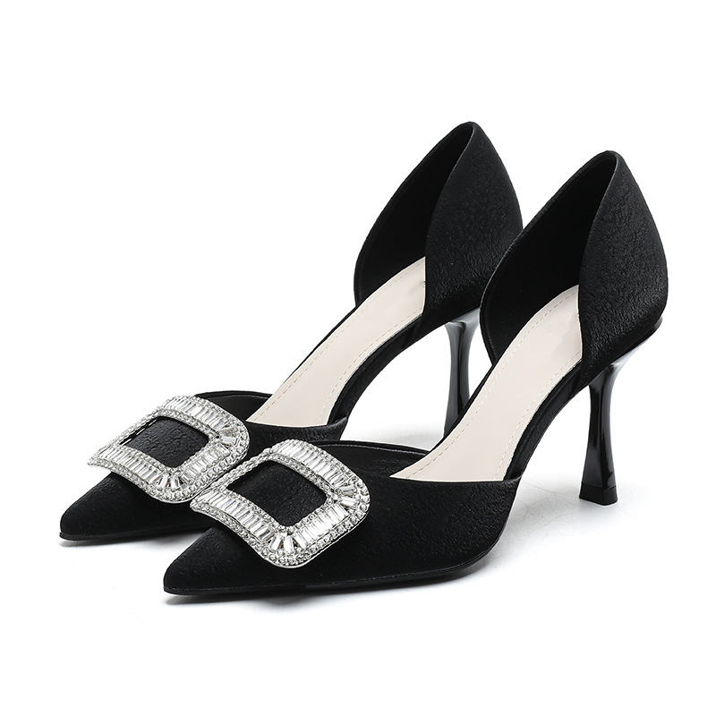 Crystal Square Button Wedding Shoes Korean Version Spring/summer Hollow High Heel Shoes Pointed Toe External Wearing Sandals Women's Thin Heels_voghion.com