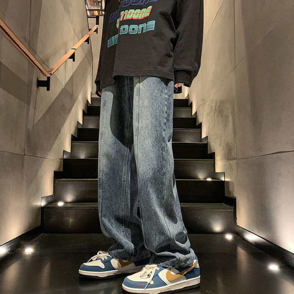 Pantalones de hiphop americanos marca de moda de invierno High Street Fashion jeans negros y grises pantalones de pierna ancha de drapeado recto suelto de los hombres