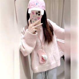 【羊驼绒】韩系软糯粉色毛衣女秋冬新款宽松慵懒风针织衫上衣潮