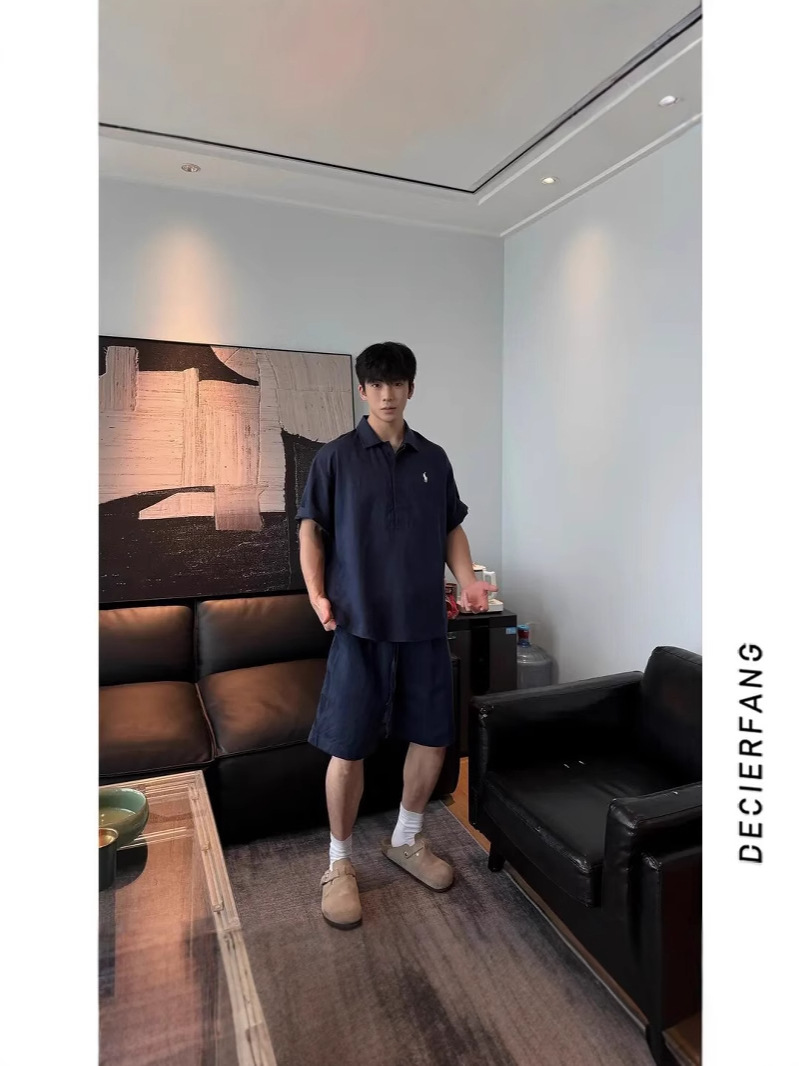 [Linen Suit] 25 Summer Old Money Style Small Label Minimalist Tencel Linen Polo Shirt Short Sleeve Shorts Suit for Men