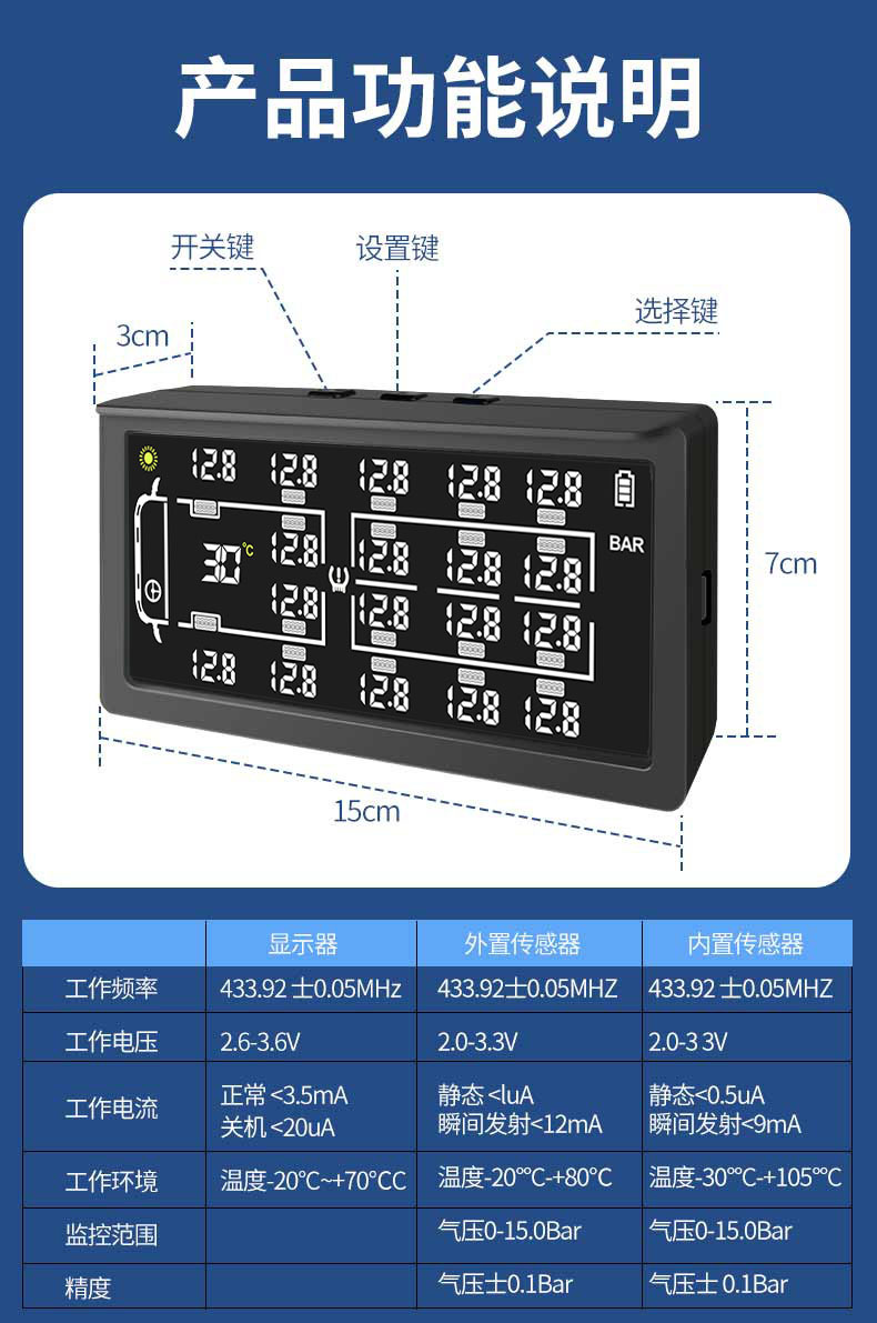 Truck tire pressure monitor with built-in and external options for large trucks, engineering vehicles, fire trucks, 8-wheel, 10-wheel, 12-wheel, 14-wheel vehicles