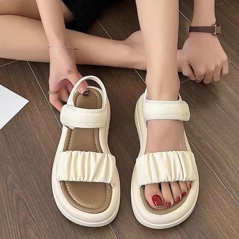Sandalias de cuero suave de fondo grueso para mujeres de verano 2026 nuevo velcro con falda anti-derrapante zapatos romanos