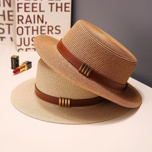 法式平顶草帽夏季海边度假遮阳帽子男女款户外出游防晒平顶礼帽