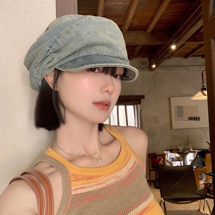 Basco in denim lavato vintage da donna, cappello ottagonale_voghion.com