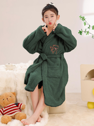 New coral velvet children's pajama robe long sleeve open jacket autumn winter girl middle child teenager sweet cute warm bathrobe