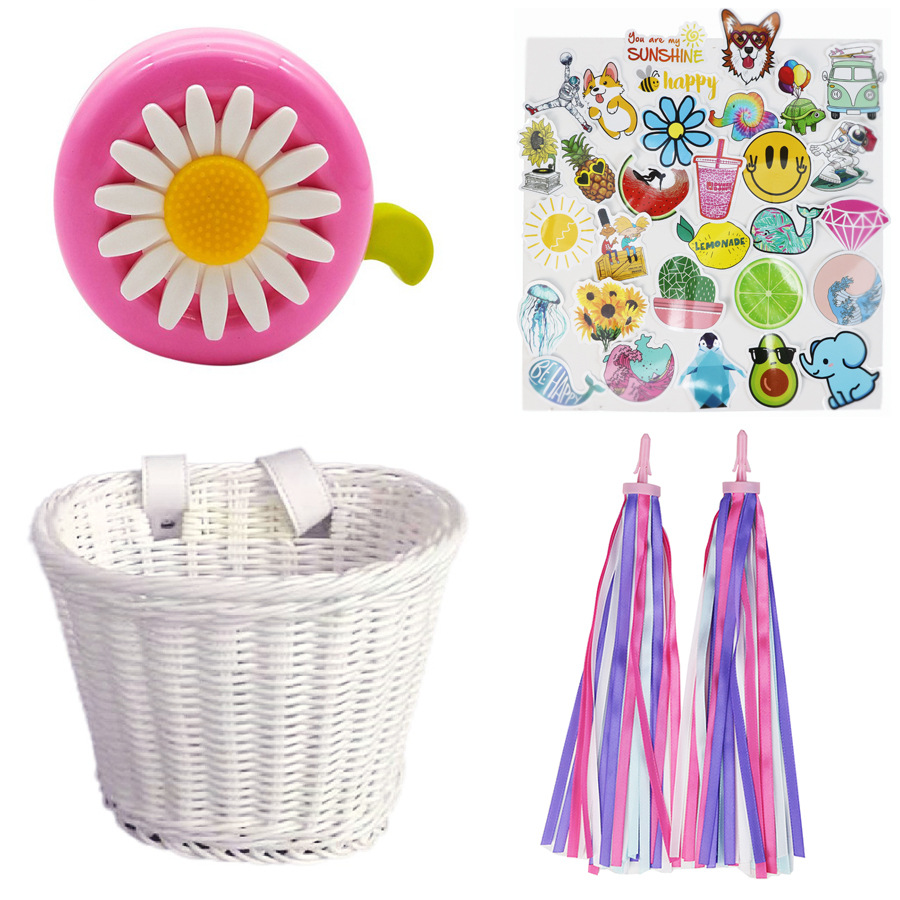 Cesta tejida de ratán para niños accesorios de bicicleta para niños Cesta de campana pegatinas manillar borla imitación Cesta tejida de ratán