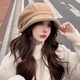 秋冬帽子女渔夫帽加绒防寒护耳网红盆帽休闲羊羔毛八角贝雷帽百搭