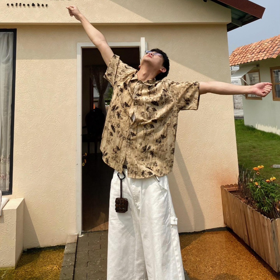 Summer Ice Silk Floral Short-sleeved Shirt Men's High-end Sense cleanfit Casual khaki Shirt Summer Thin Jacket