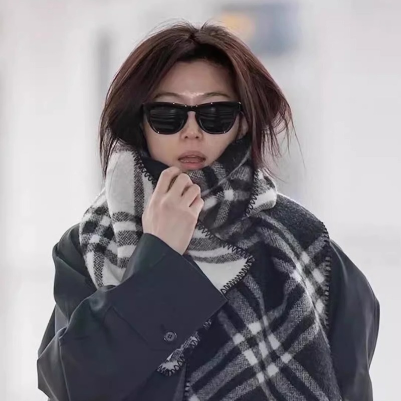 复古黑白格子围巾女2025新款秋冬百搭韩系连帽格纹保暖情侣围脖|undefined
