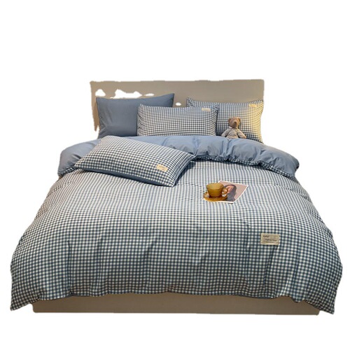 New Washable Cotton Fringe Pure Cotton Four-Piece Set Grid Skin-Friendly Student Dorm Single Comforter Cover Bed Skirt Three-Piece Set Wholesale