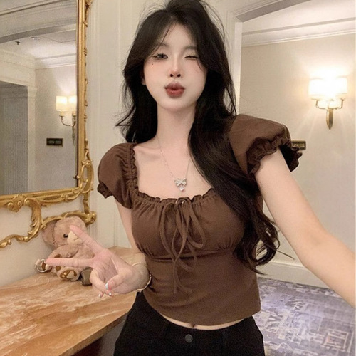 French sexy spicy girl style bubble sleeve short sleeve T-shirt women summer pure desire revealing collarbone slimming short top women's T fashion